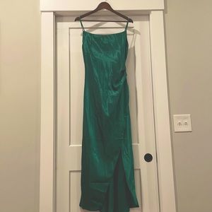 Gorgeous green satin, cowl neck dress